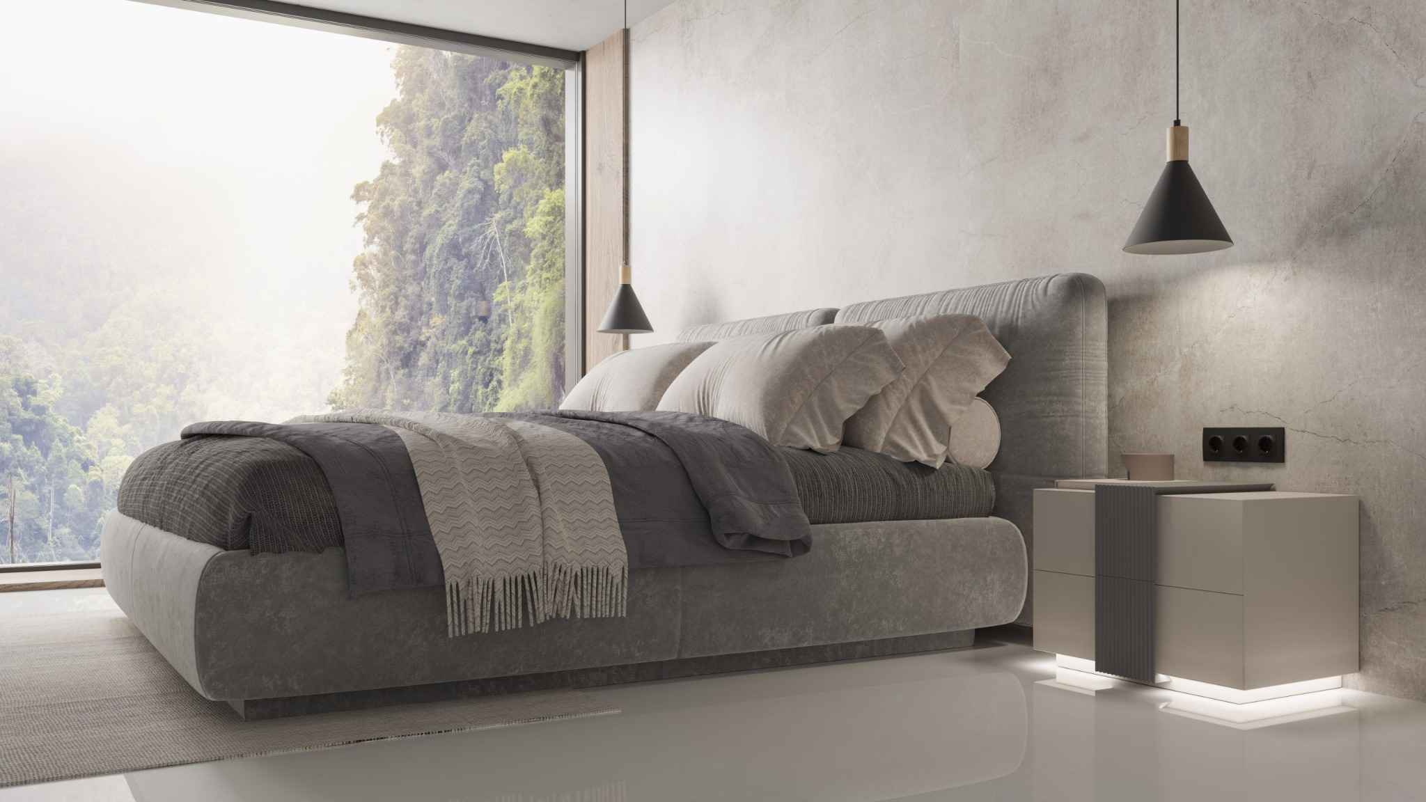 Cama tapizada con mesillas iluminacion