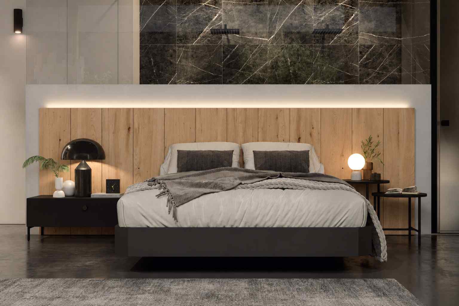 Dormitorio moderno con cabecero paneladoen madera natural e iluminacion LED